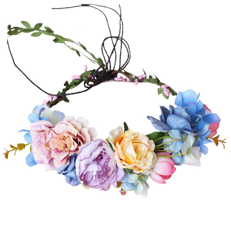 Vivivalue Vine Flower Crown Flower Garland Headband Hair Wreath Floral Headpiece Halo Boho with Ribbon Wedding Party Festival Photos - Image 1